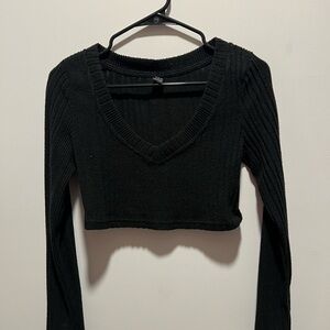 Black V-Neck Ribbed Women's Top